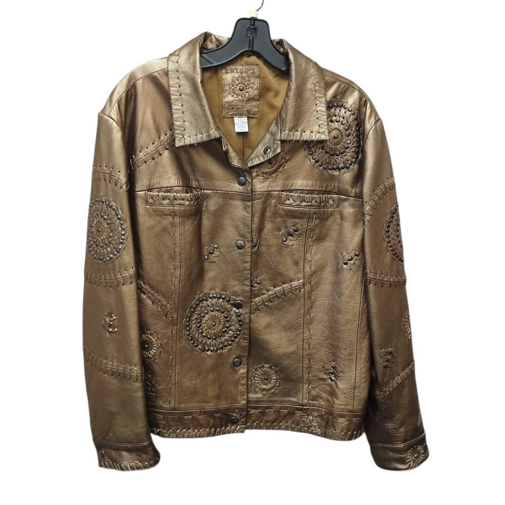 Vintage Chicos Embroidered Western Leather Jacket 2 12 Studded Boho Rodeo Ranch
